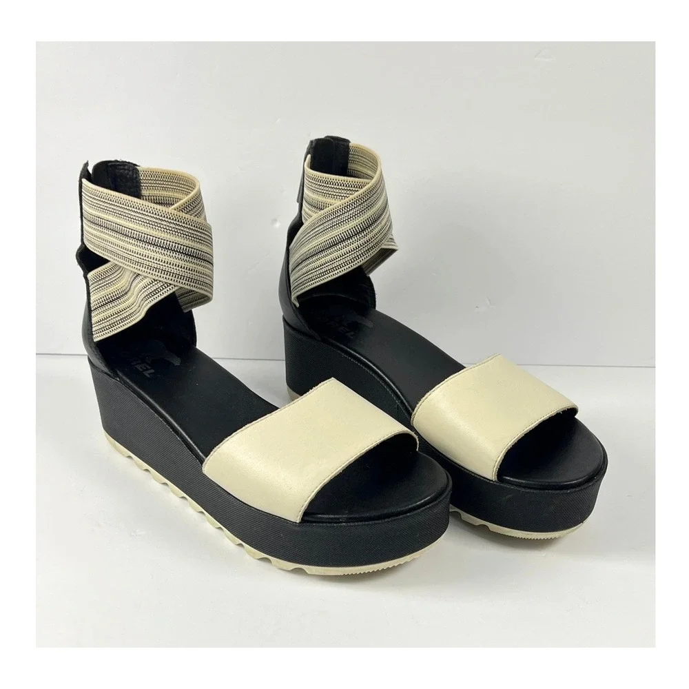 Sorel Cameron Ankle Strap Sandals Women's Size 8.5 Black White Platform